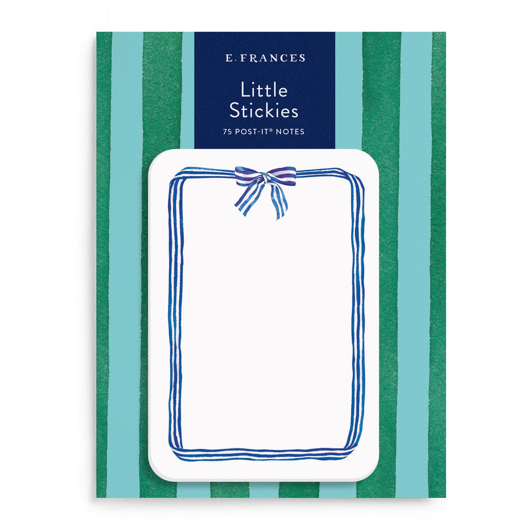 Pack of E Frances Little Stickies post-it notes with blue striped ribbon around the perimeter and a bow at the top.