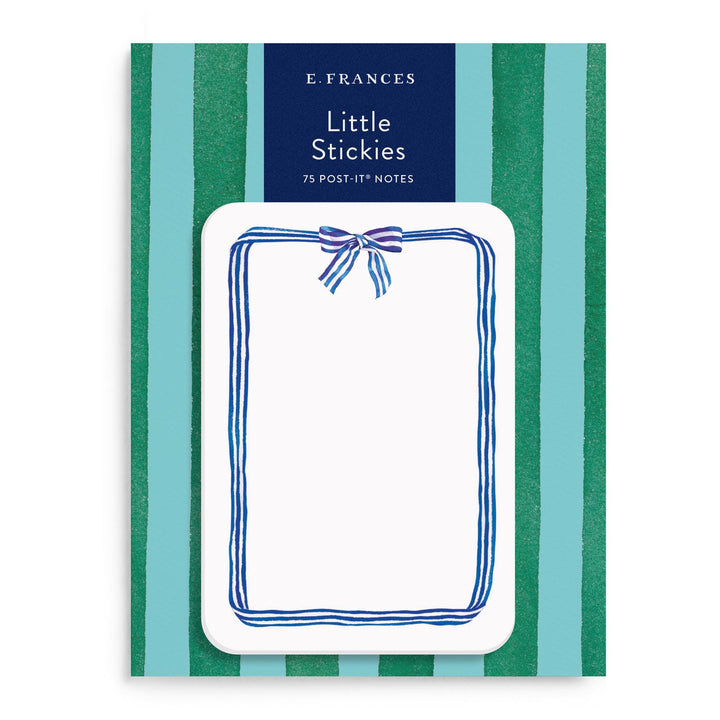 Pack of E Frances Little Stickies post-it notes with blue striped ribbon around the perimeter and a bow at the top.