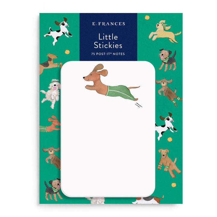 Pack of E Frances Little Stickies post-it notes with leaping dachshund wearing green pangs at the top.
