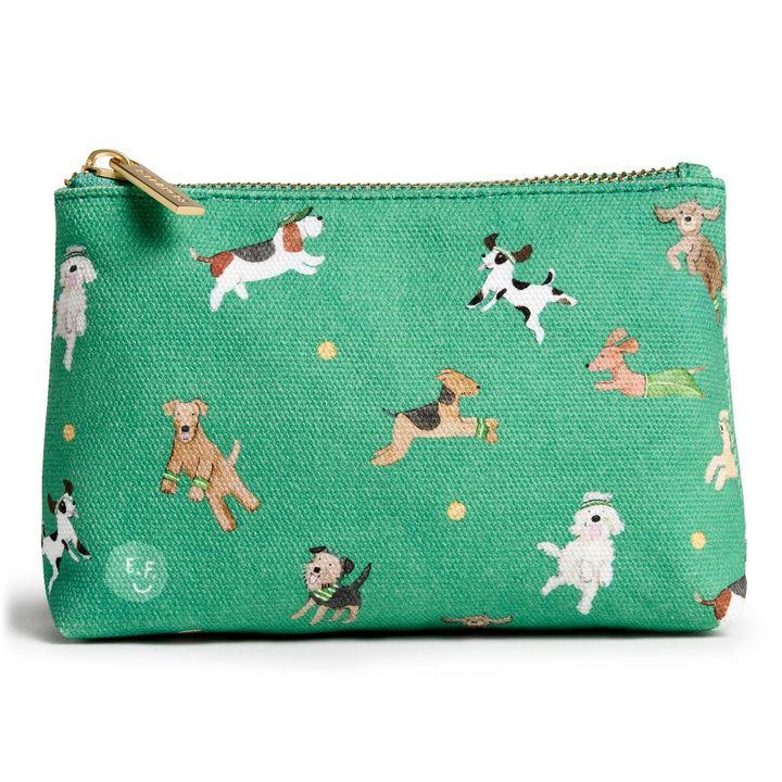 Green pouch with pattern of various dog breeds leaping.