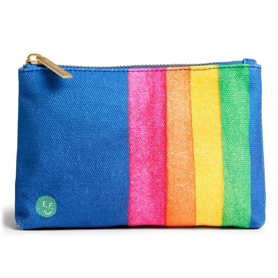Rainbow striped pouch with wide blue on the left, followed by narrower red, orange, yellow and green stripes, with gold zipper at top.