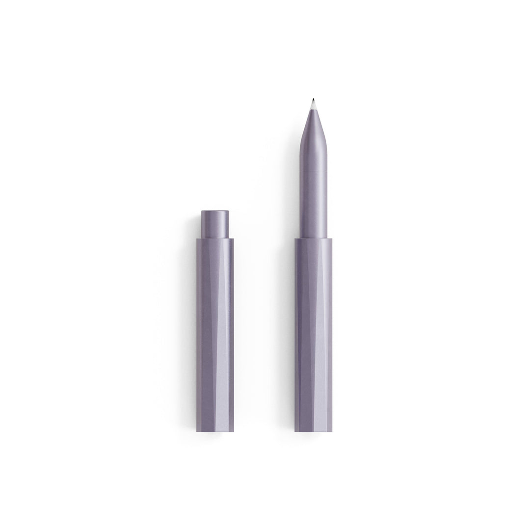 Pen with cap removed in lavender.