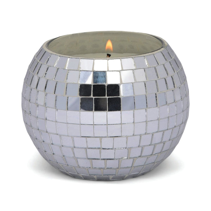 Round candle vessel encrusted with silver mirror squares.