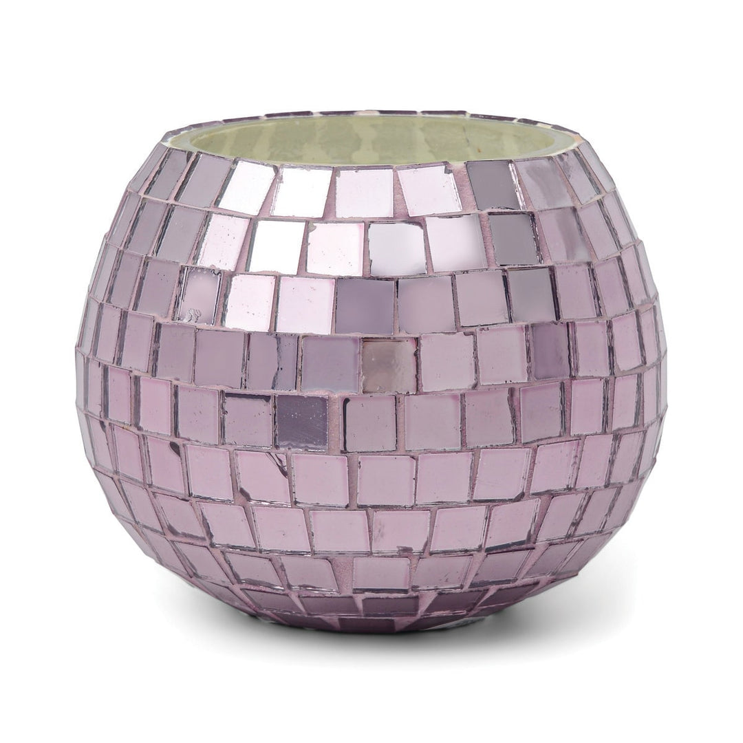 Round candle vessel encrusted with lavender mirror squares.