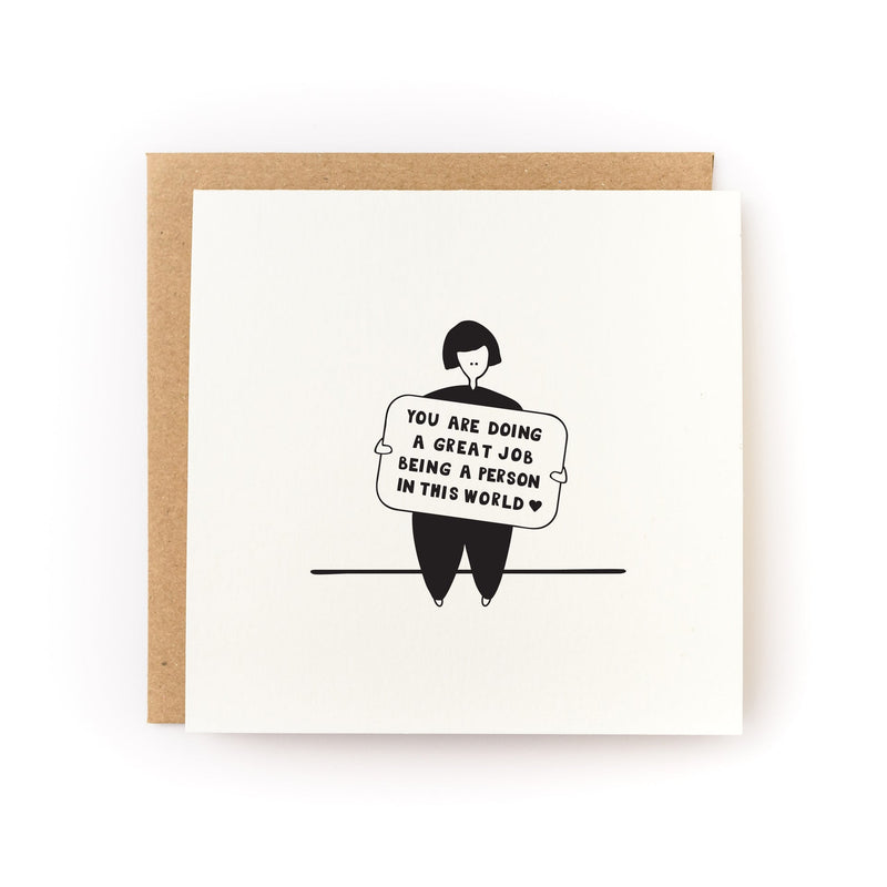 Character holding a sign with black text on an off-white background.
