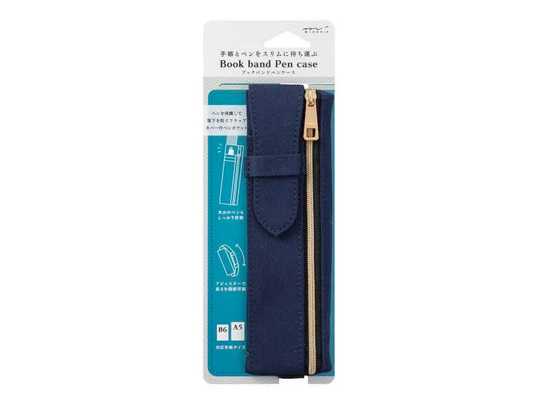 Blue pen case with silver zipper on right side and a closure loop  for an outside pocket on the left, in packaging labeled 'Book band Pen case' and with line-drawing illustrations showing usage.