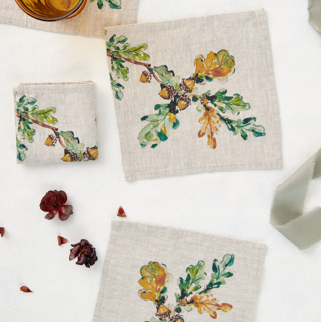 Cloth napkins with embroidered oak leaves and acorns