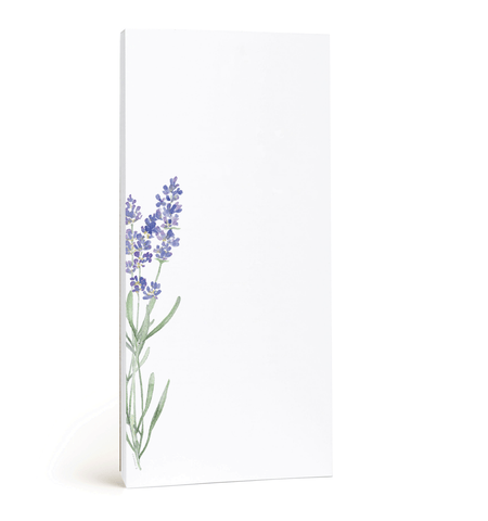 Unlined notepad with an illustration of a few sprigs of lavender on the left side of the page.