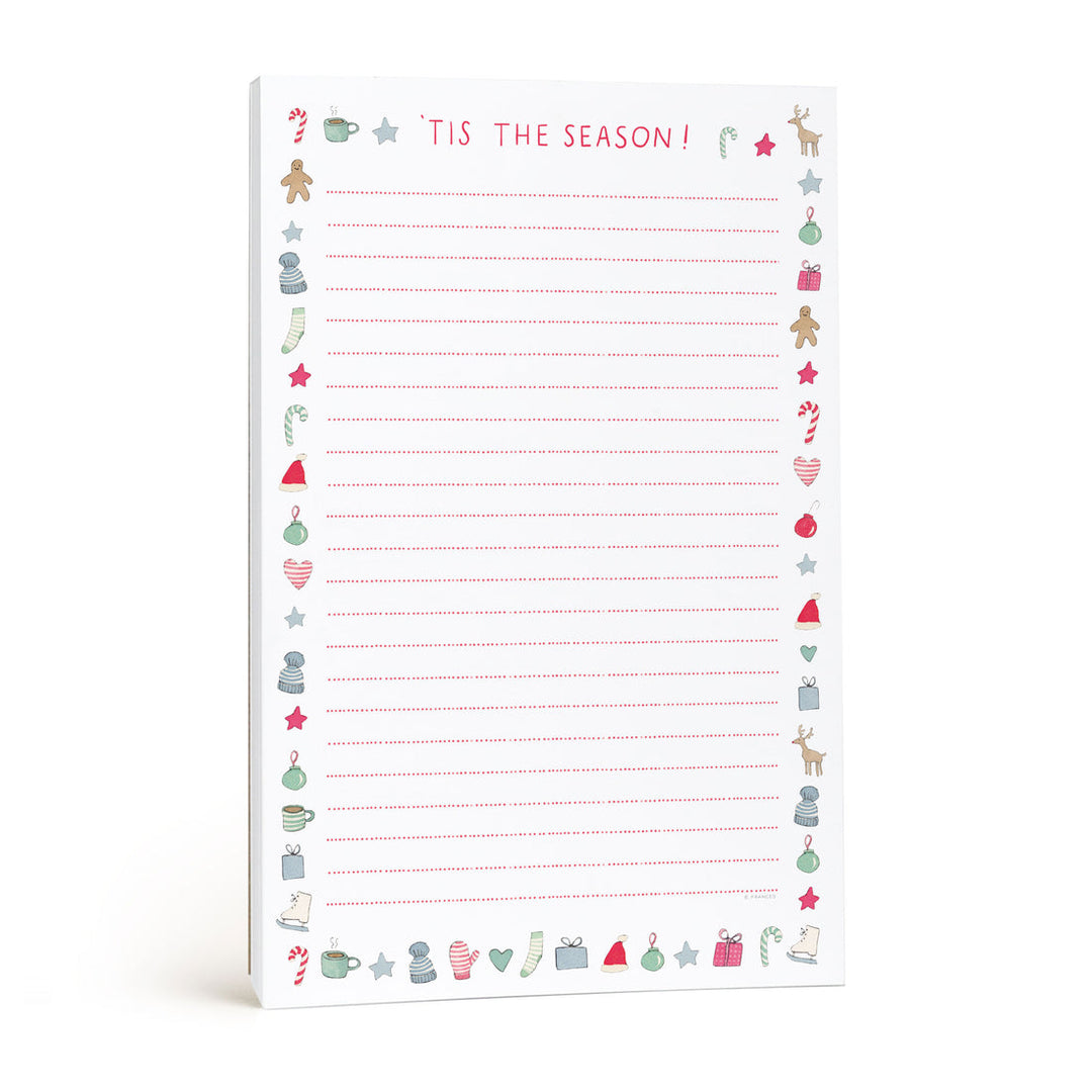 Lined notepad with Christmas-themed icons and 'Tis the Season!' text.