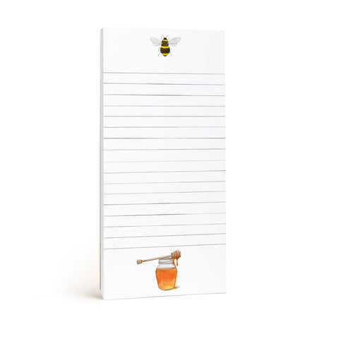 Lined notepad with bee illustration at the top of the page and a pot of honey at the bottom.