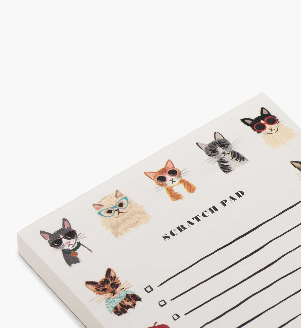 Close up of cats across the top of the notepad, one is wearing cat eye glasses, three are wearing sunglasses, and the fifth looking doleful.