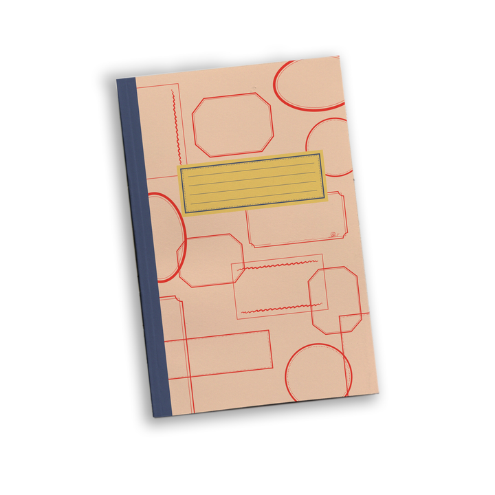 A notebook with a peach-colored cover featuring red geometric line drawings and a blank yellow label area, with a dark blue spine.