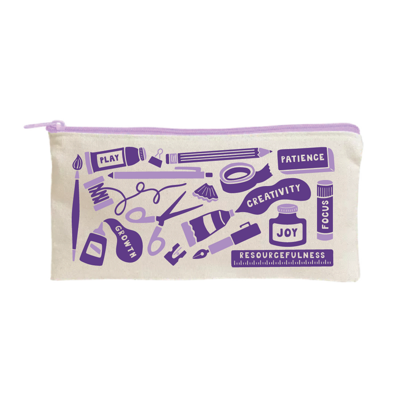 Hand drawn images of various tools used by creatives, in dark purple on an off-white background, with light purple zipper.
