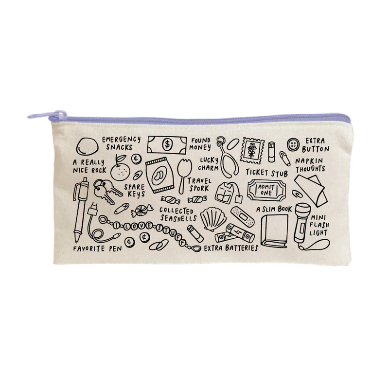 Hand drawn images of various small items people tend to collect, in black on an off-white background, with light blue zipper.