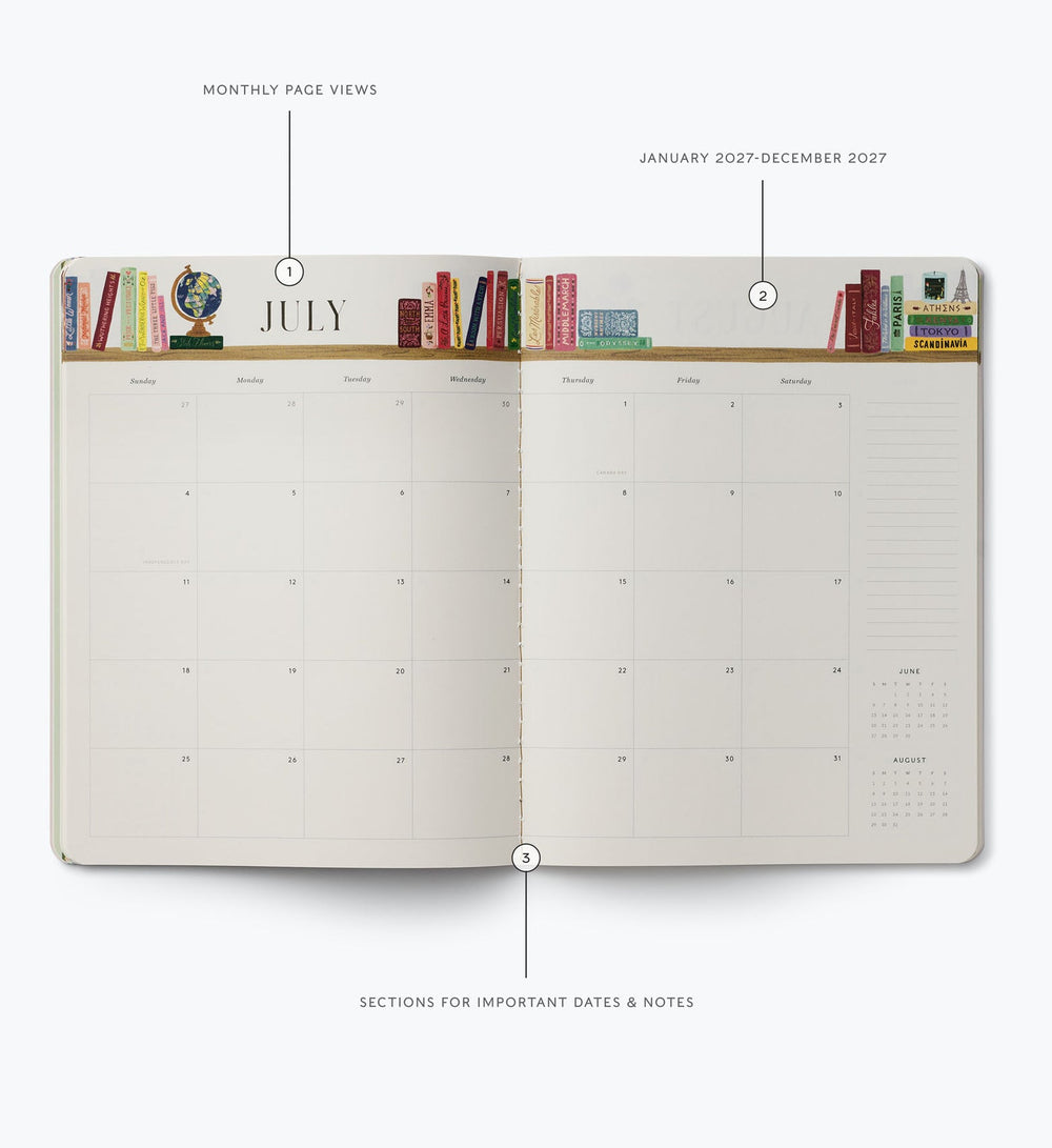Lay-flat, two-page spread for a month with space to write notes for each day and a top border of a book shelf with books.