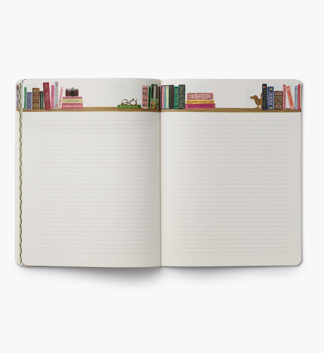 Lay-flat, two-page spread of lined pages for notes, with a border of a bookshelf with books.