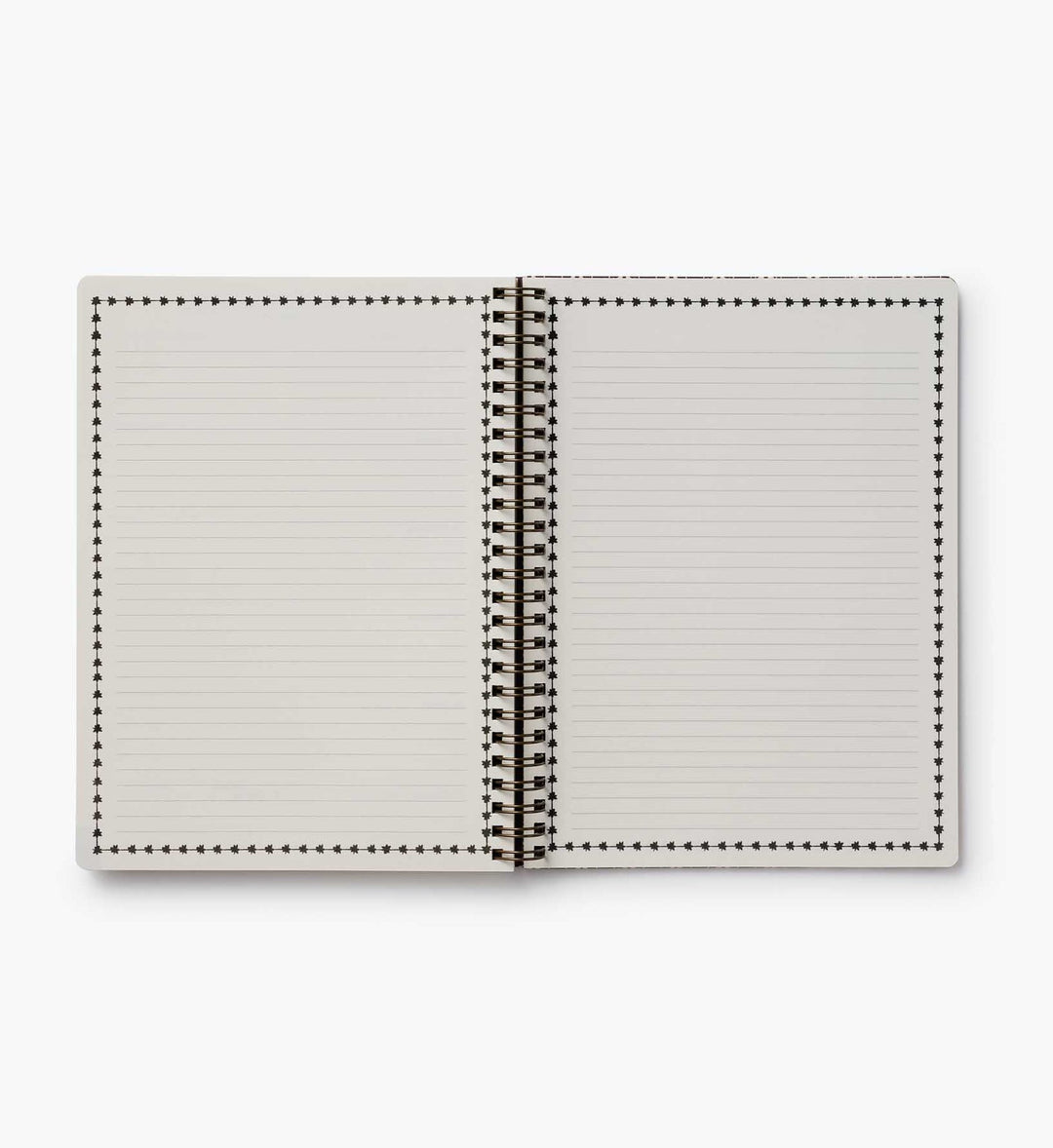 Lay-flat, two-page spread of lined pages for notes, with a simple, decorative border.