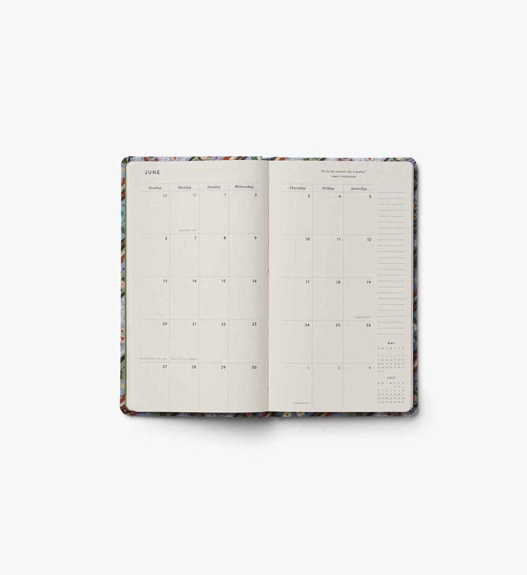 Two-page spread showing space for each day in a month, with space for notes on the right edge.