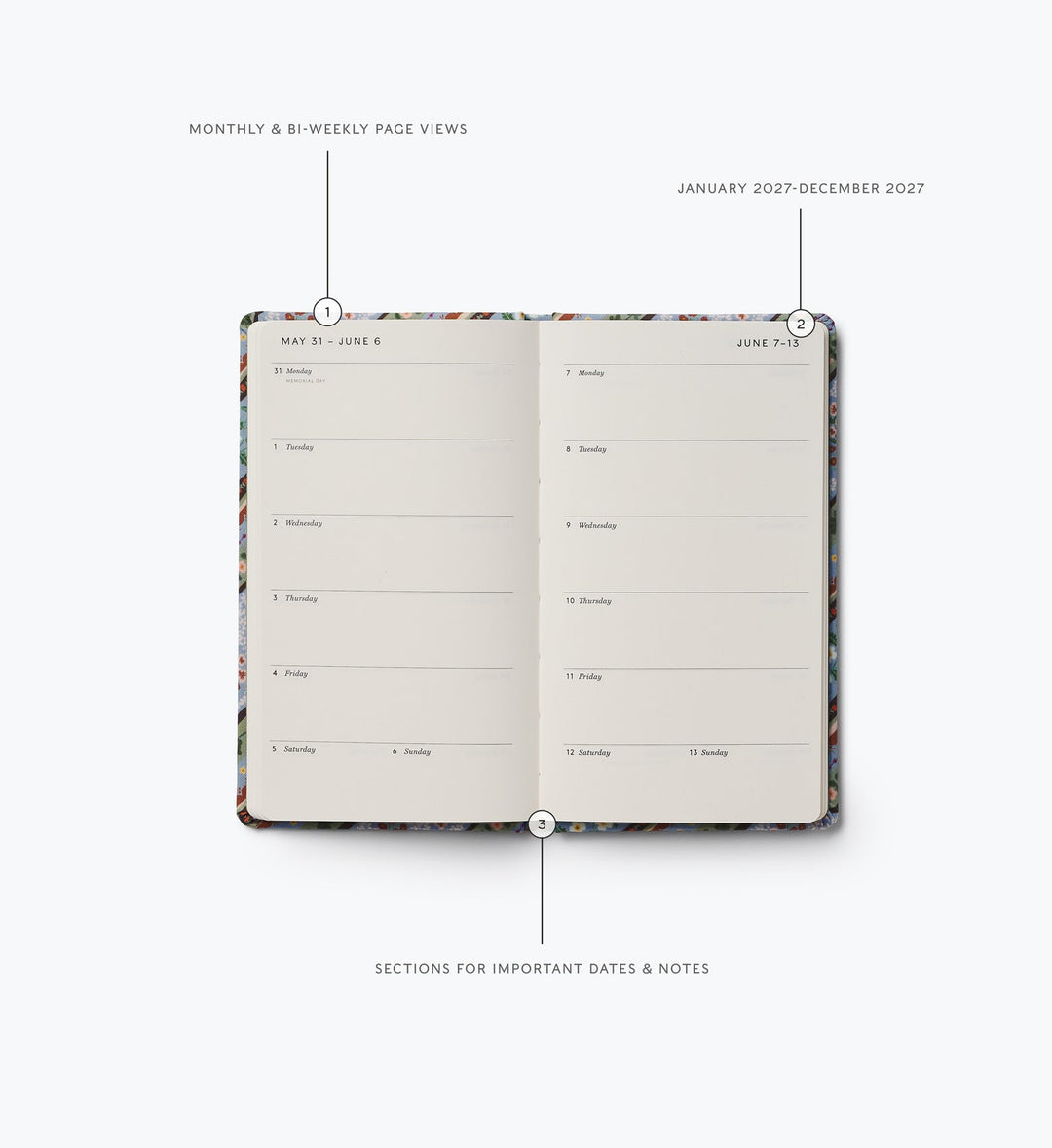 Two-page spread showing space to make daily notes for two weeks.