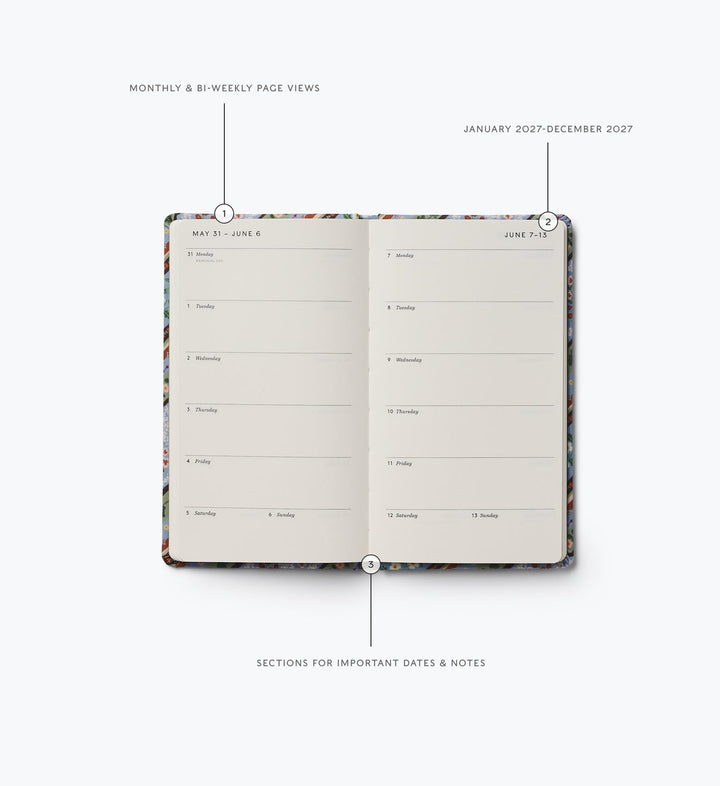 Two-page spread showing space to make daily notes for two weeks.