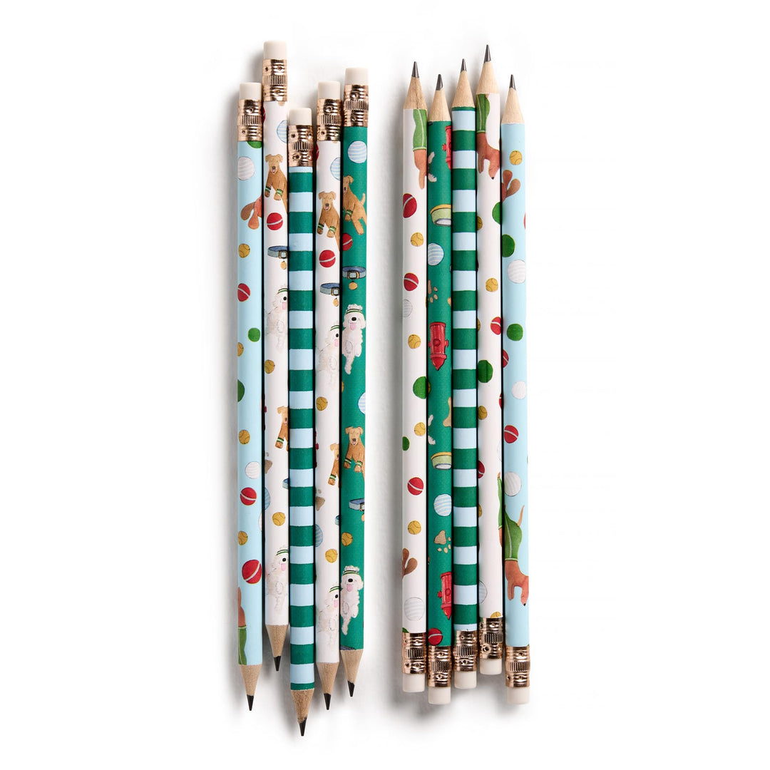 Set of 10 decorative pencils with dogs and stripe designs.