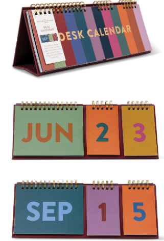 Unfolded calendar shown over two examples of the colorblocks: June 24 with green, orange, and light brown, and September 15 with teal, purple and orange.