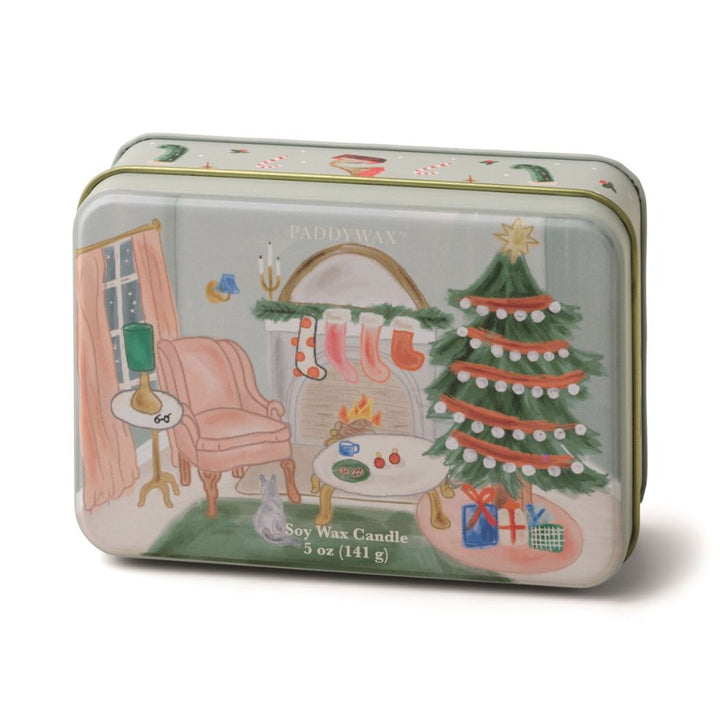 Decorative tin with a cozy living room decorated for the holidays