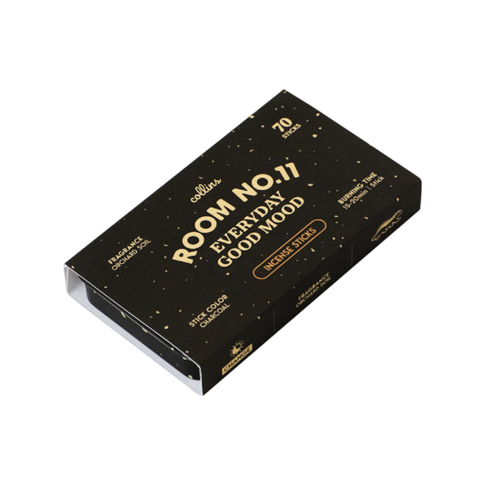 Black box with gold speckles and lettering for Room No. 11 incense sticks.