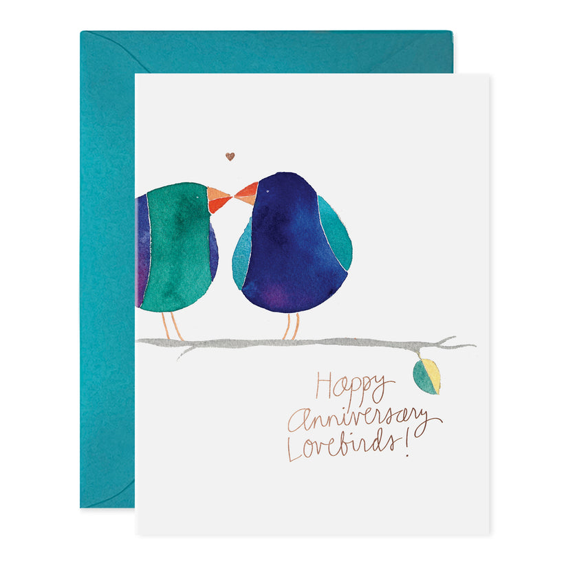 Two abstract birds in blues and greens sitting on a branch above script text in gold.