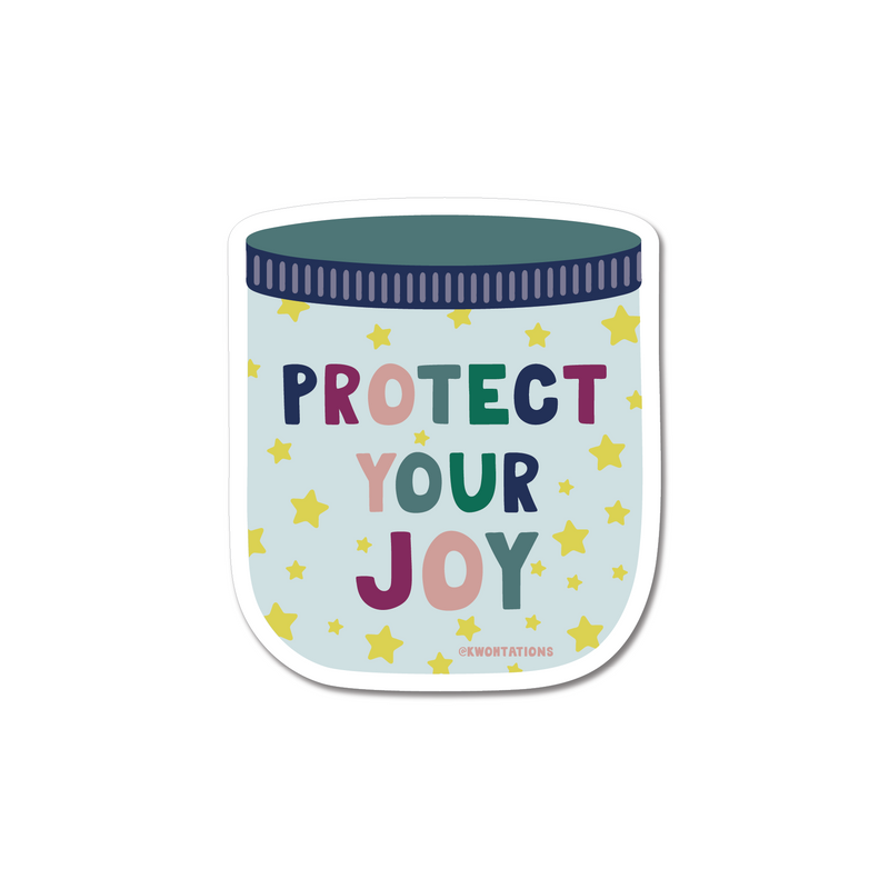 Hand-illustrated jar covered in yellow stars with the label 'Protect Your Joy' in multiple colors.