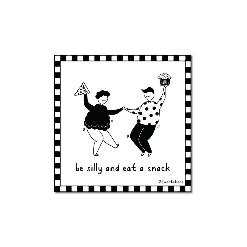 Black and white sticker with two characters dancing. One holds a slice of pizza, the other a cupcake.