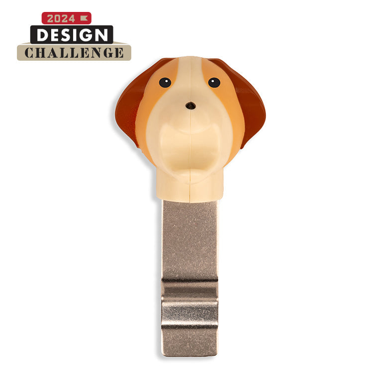 Combination bookmark and pen holder with a dog's face on one end