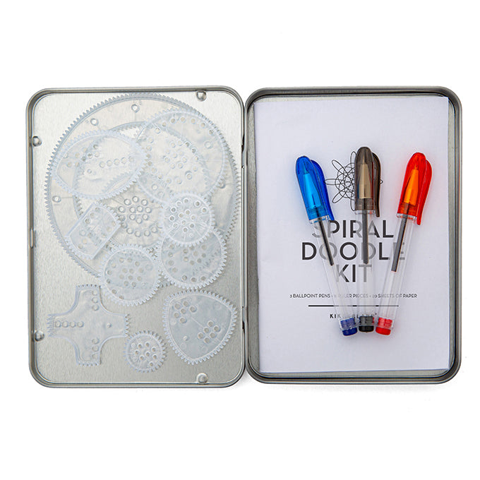 Opened spiral doodle kit in its tin carrying case.