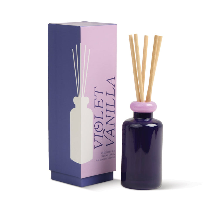 Dark purple diffuser bottle with lavender  collar at the top and five wooden sticks next to a matching box.