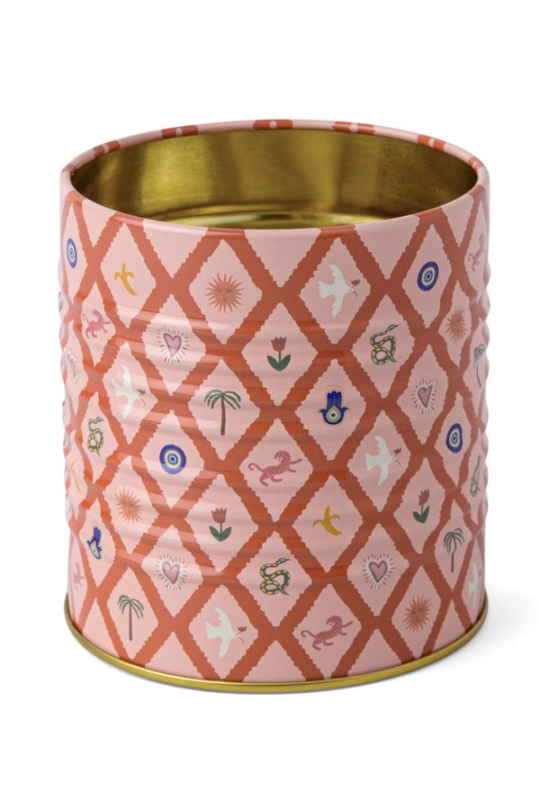 Painted tin with gold interior and exterior of crossing angled lines, in orange, with a variety of unrelated images such as palm tree, banana, heart and snake in between the lines.