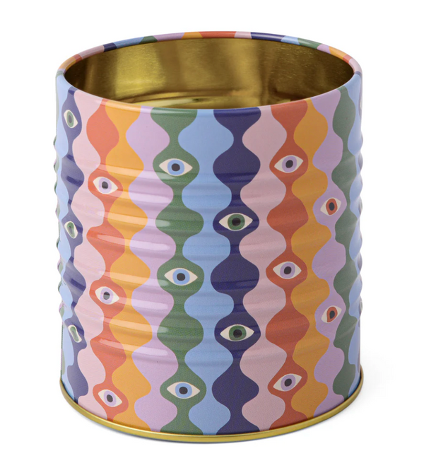 Painted tin with gold interior and exterior of swervy vertical strips in multiple colors and accented with evil eyes in coordinating colors.