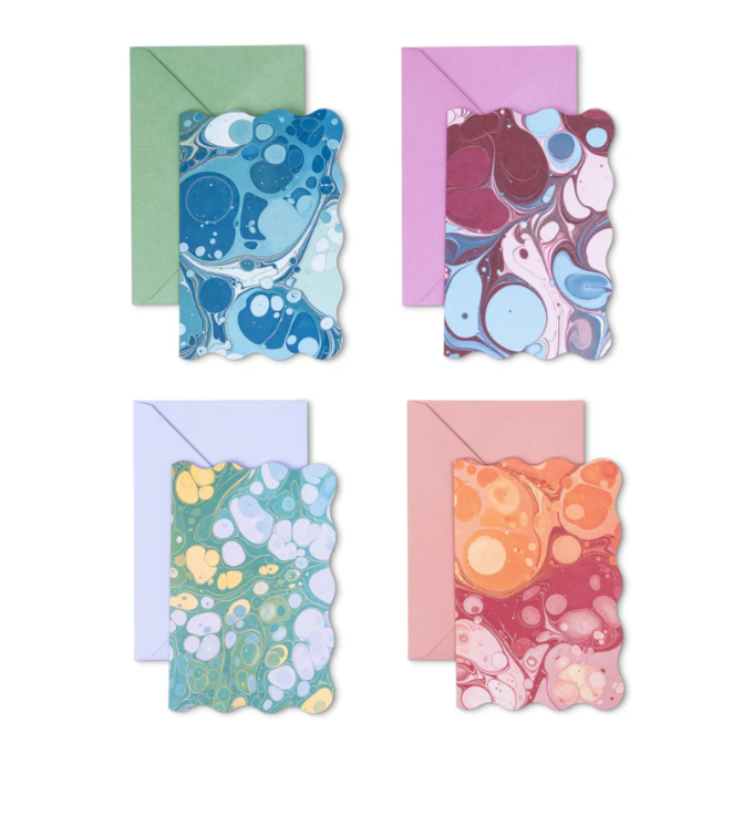 Four marbled abstract-patterned cards with matching envelopes. The cards feature colorful fluid art designs in blue, purple, green, and orange tones.