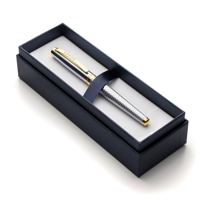 Silver pen in an open blue gift box.