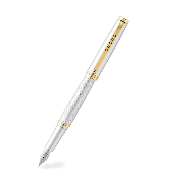 Silver fountain pen with diamond pattern barrel and showing the nib.  With gold clip and accents.