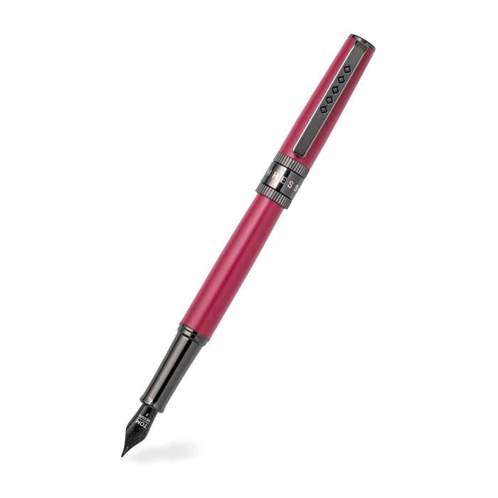 Fountain pen with red lacquered barrel and cap.