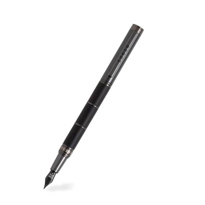 Black fountain pen with dark ebony barrel, cap on the top and the nib exposed.