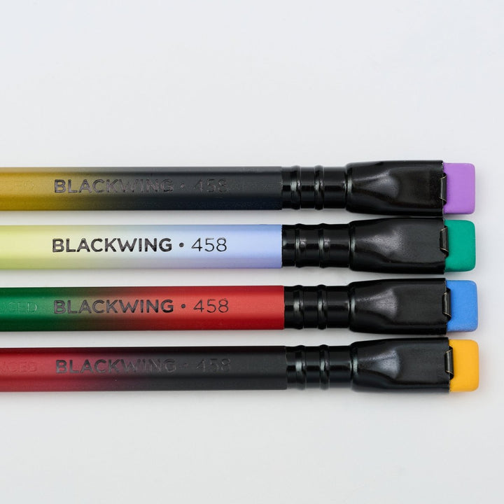 The four pencils representing a bird placed horizontally, one atop the other. The eraser colors are purple, green, blue and yellow.