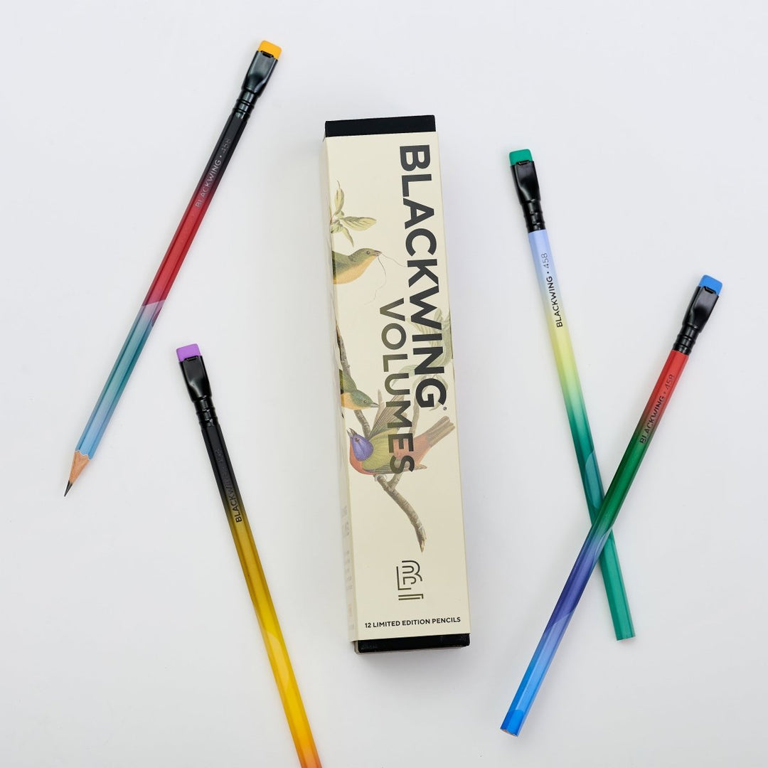 Box with one of each pencil of the four birds represented.