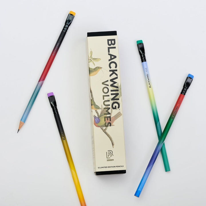 Box with one of each pencil of the four birds represented.