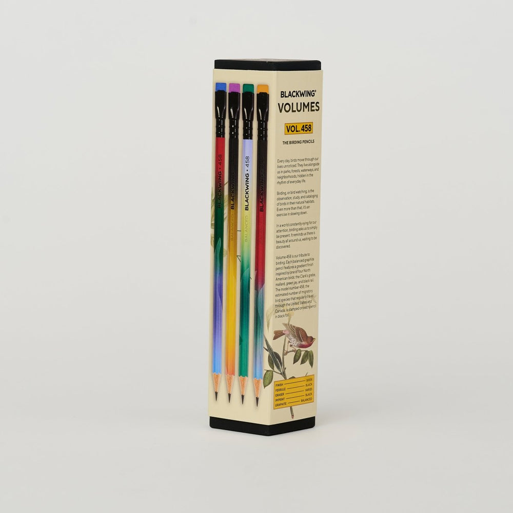 Side and back of pencil box showing one of each of the four designs and text about birding.