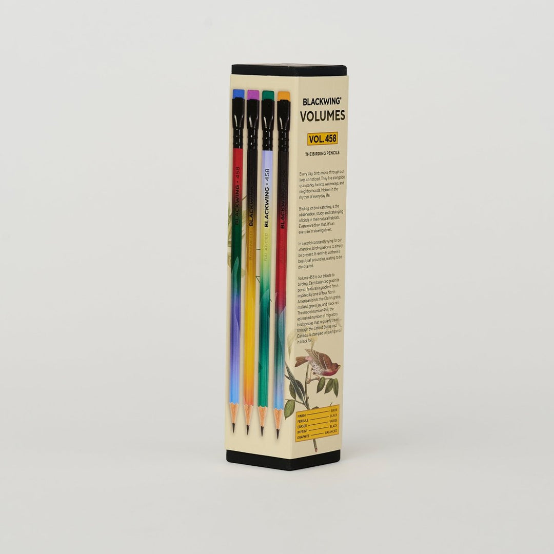 Side and back of pencil box showing one of each of the four designs and text about birding.