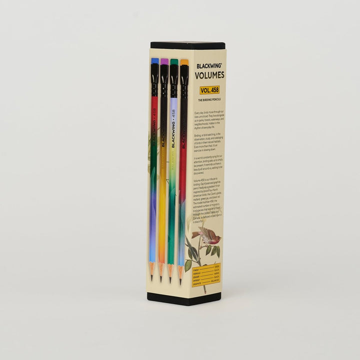 Side and back of pencil box showing one of each of the four designs and text about birding.