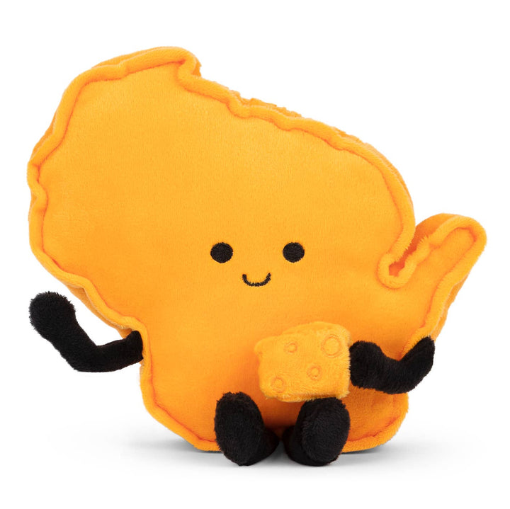 Standing yellow plushy in the shape of Wisconsin, with black legs and arms holding a piece of cheese.