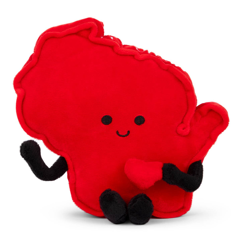 Standing red plushy in the shape of Wisconsin, with a smiling face, black legs and arms holding a red heart.