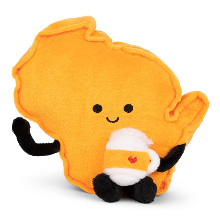 Standing yellow plushy in the shape of Wisconsin, with a smiling face, black legs and arms holding a mug of beer with yellow band and red heart.